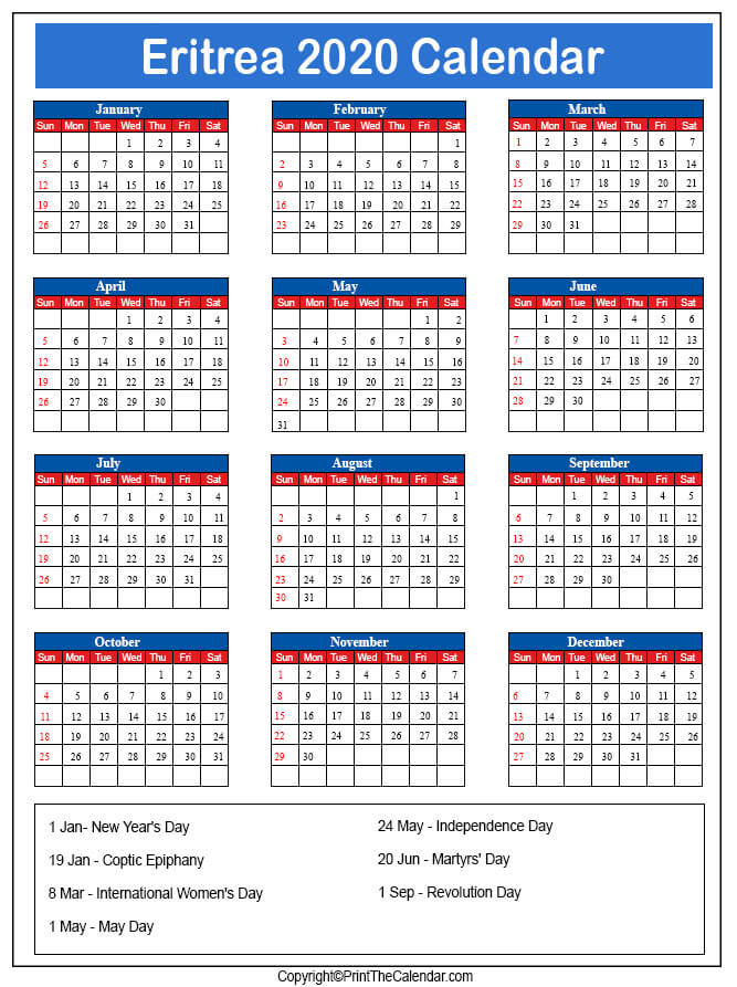 Eritrea Printable Calendar 2020